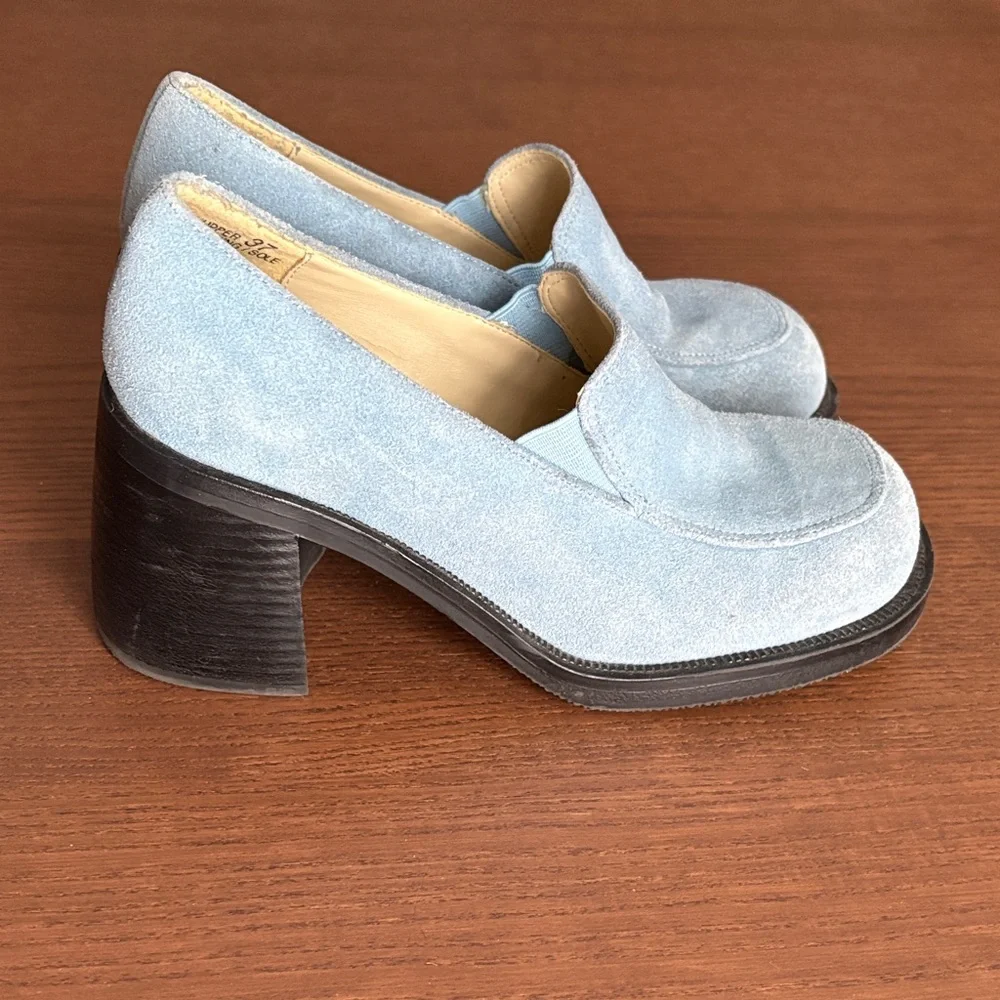 TRANSIT - Women's Blue Suede Chunky Heeled Loafers - Picture 2 of 11